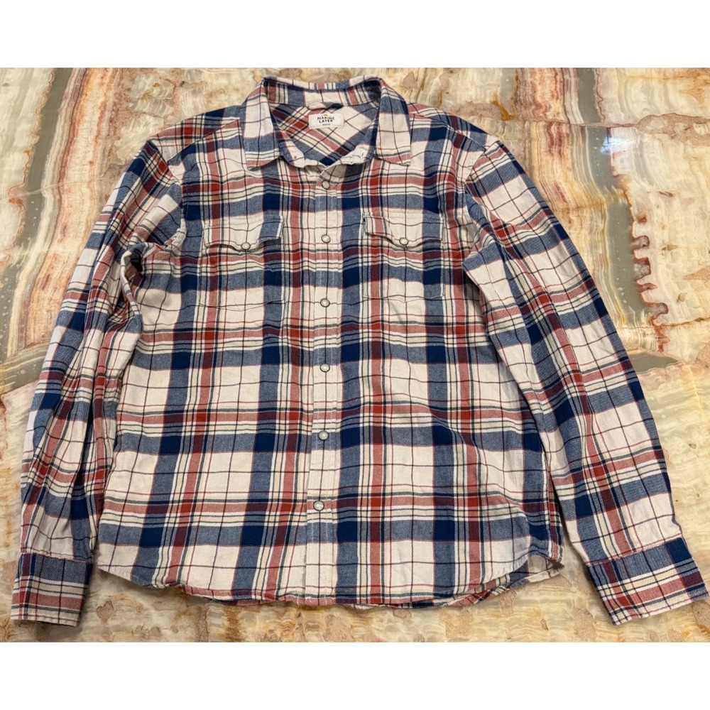 Marine Layer Mens Plaid Flannel Shirt Long Sleeve Plaid Button Up Snap Pearl M